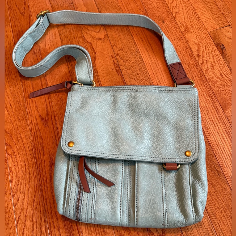 Fossil Light Blue Leather Crossbody with Brown Trim